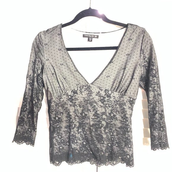 Central Park West New York Black Lace Lined V-Neck Top XS - Picture 1 of 16